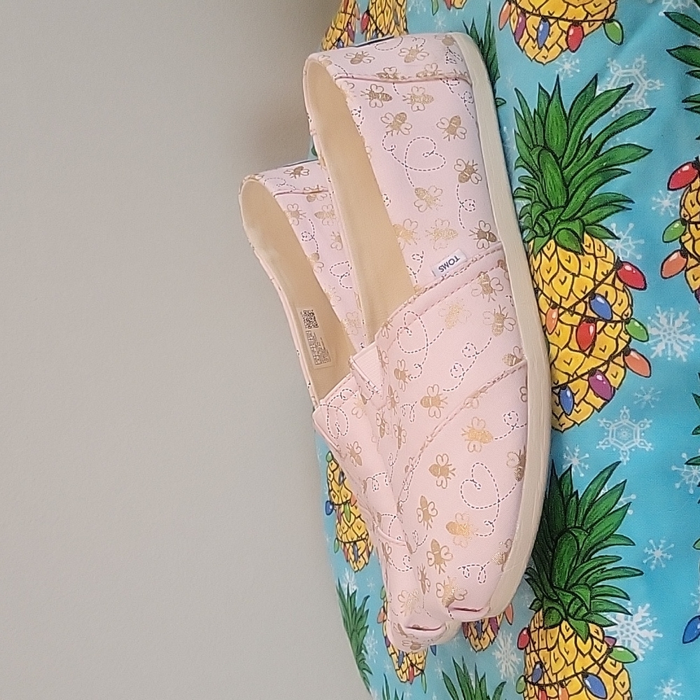 Toms Canvas Pink And Gold Foil Bee Flats Gem